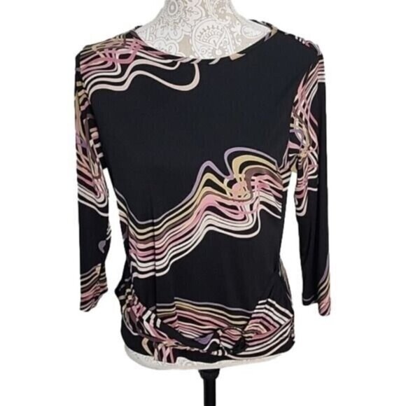 Notations Top Black Print 3/4 Sleeve Attached Belt Women's Large - Picture 1 of 5